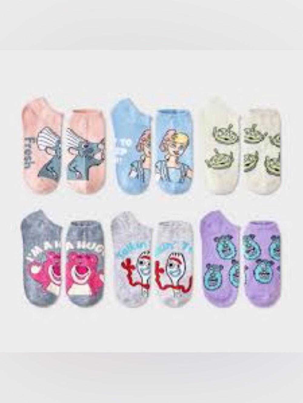 Disney Pixar Women's No Show Socks 6 Pair Shoe Size 4-10 Disney Characters
